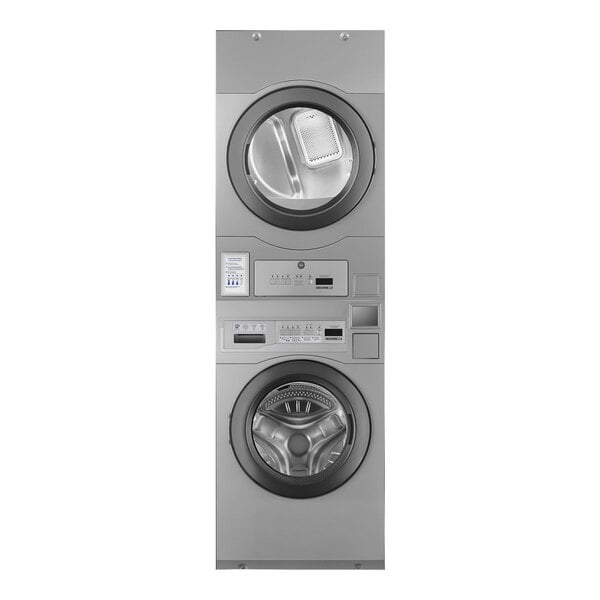 A close-up of a white Crossover front load commercial washer. A stack of Crossover front load commercial washer and dryer with a stacking panel.