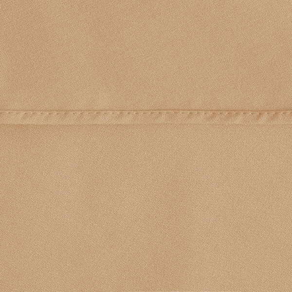 A sandalwood colored fabric table cover with a white hemmed edge.