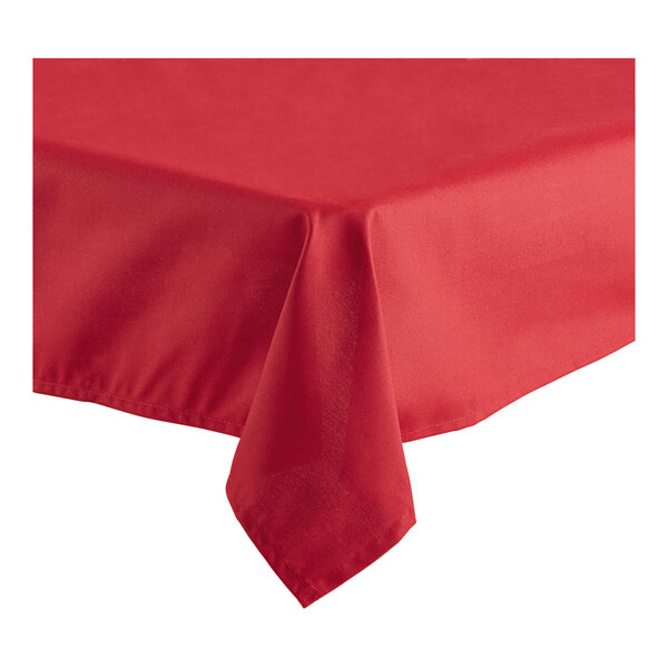 A red Oxford square table cover with a hemmed edge on a table.