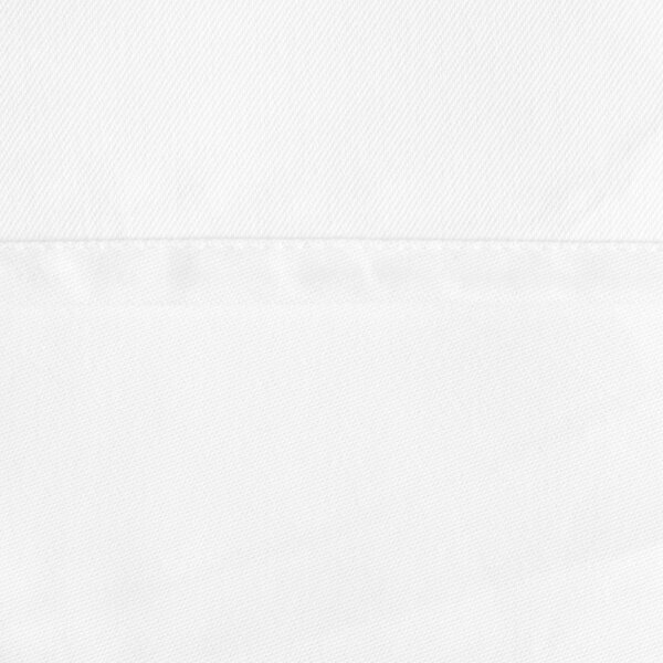 A close-up of a white damask cloth table cover with a white satin band.