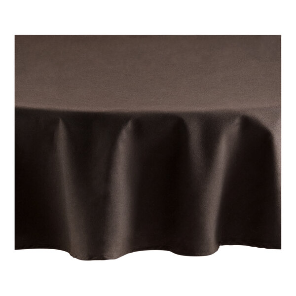 A chocolate brown round Oxford cloth table cover on a white surface.
