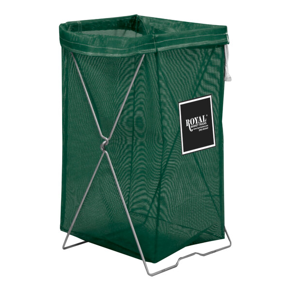 A green mesh hamper from Royal Basket Trucks on a metal stand.