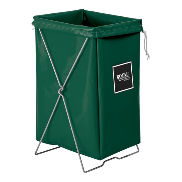 A green Royal Basket Trucks laundry hamper on a metal stand.