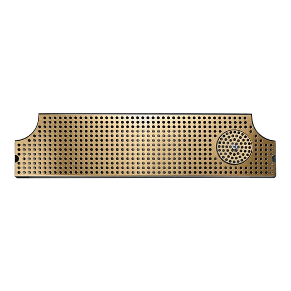 A gold rectangular Micro Matic steel surface mount drip tray with holes in it.