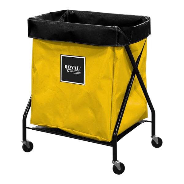 A yellow Royal Basket Trucks vinyl laundry bag on a black X-frame.