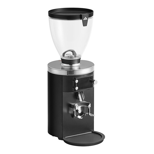 A black Mahlkonig E80T commercial coffee grinder.