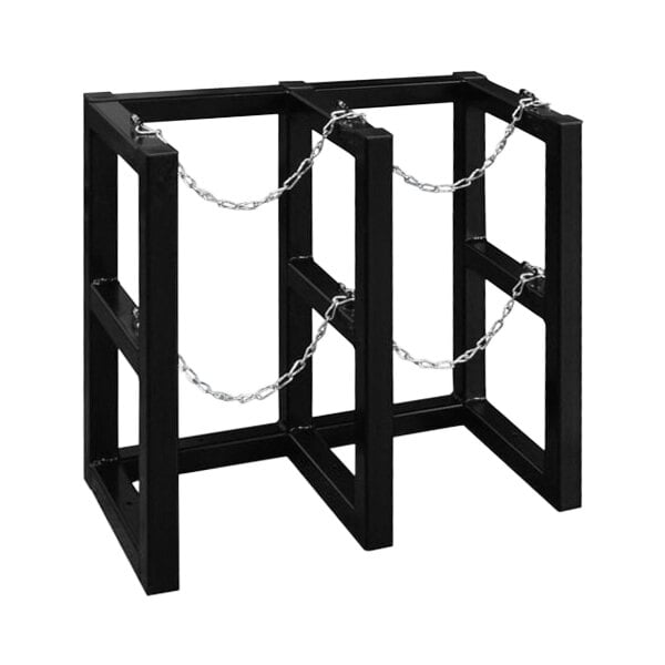 A black metal Justrite gas cylinder barricade rack with chains on it.