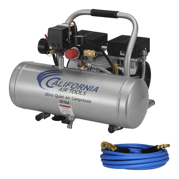 A California Air Tools air compressor next to a hybrid air hose.