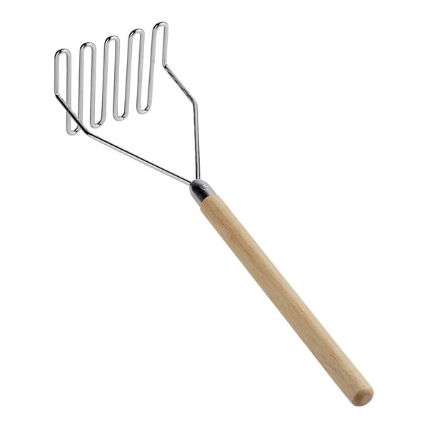 A Choice chrome-plated potato masher with a wood handle.