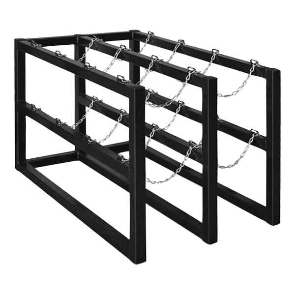 A black metal Justrite gas cylinder barricade rack with chains.