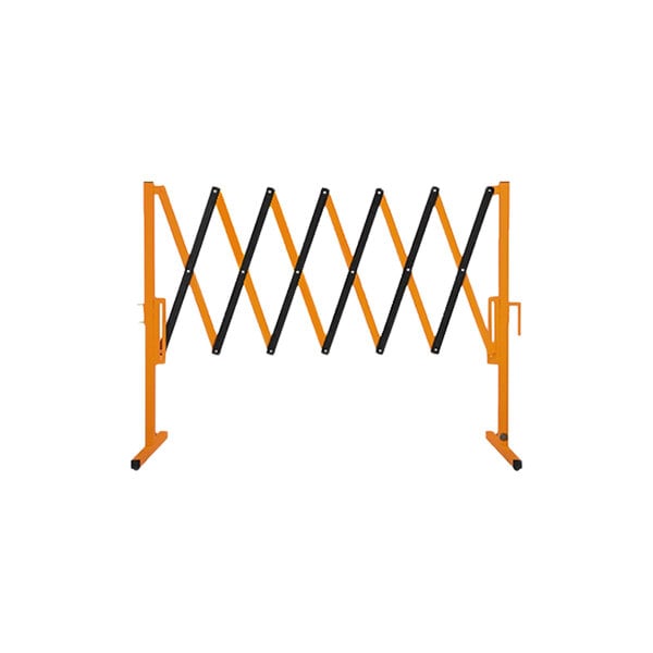 A black and orange metal portable safety gate with two bars.