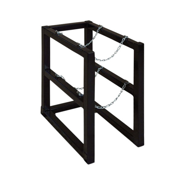 A black metal Justrite Gas Cylinder Barricade Rack with chains on it.