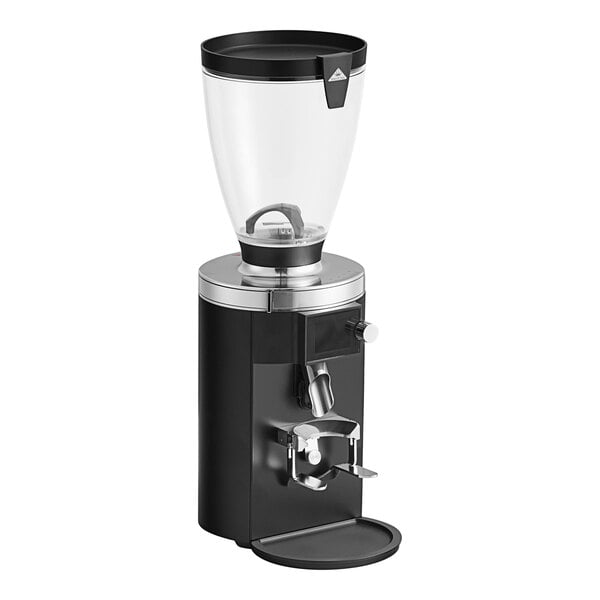 A Mahlkonig black espresso grinder with silver accents.