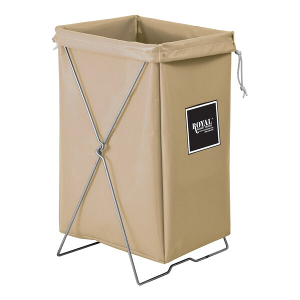 A tan vinyl laundry basket with a black metal frame.