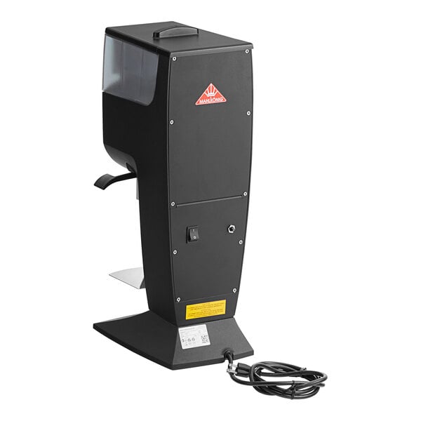 A black Mahlkonig Guatemala coffee grinder with a cable.