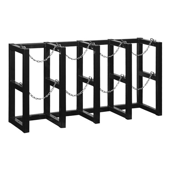 A black metal Justrite gas cylinder barricade rack with chains on it.