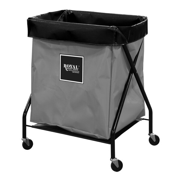 A grey and black Royal Basket Trucks laundry cart with wheels.