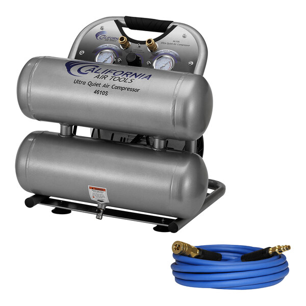 A grey California Air Tools air compressor with a blue and white hose.