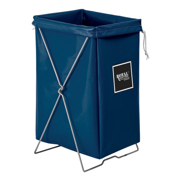 A navy blue Royal Basket Trucks laundry hamper on a metal stand.