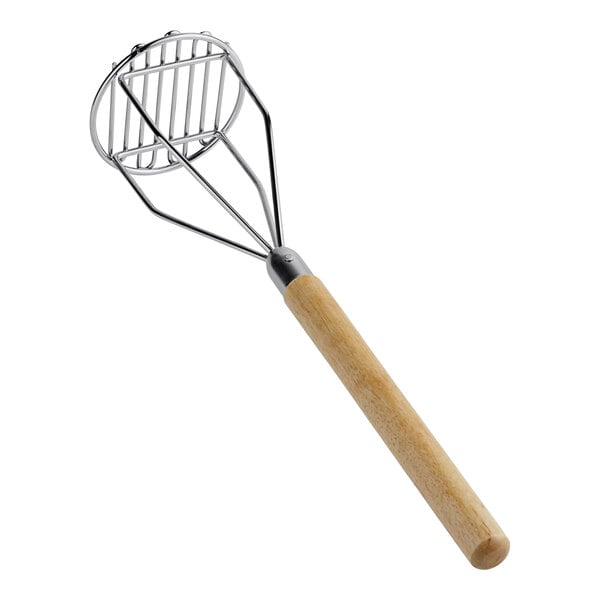 A Choice chrome-plated potato masher with a wood handle.
