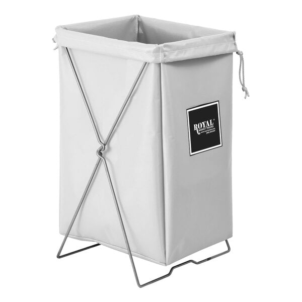 A white vinyl laundry basket with a black metal frame.