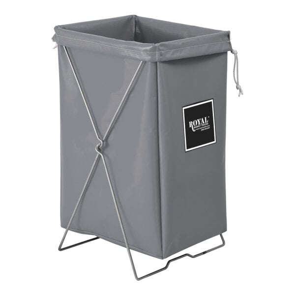A grey laundry basket with a black handle.