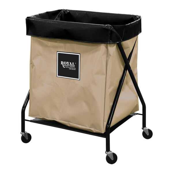 A tan Royal Basket Truck laundry bag on a black X-frame cart.