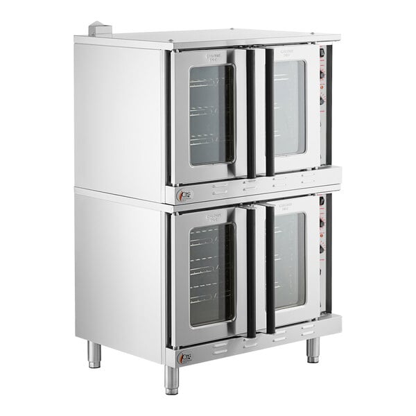 A Cooking Performance Group double deck stainless steel convection oven with glass doors.