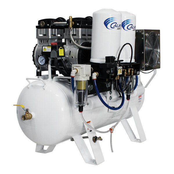 A white and black air compressor with black and blue pipes.