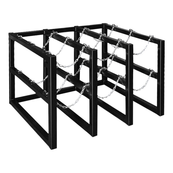 A black metal Justrite Gas Cylinder Barricade Rack with chains on it.