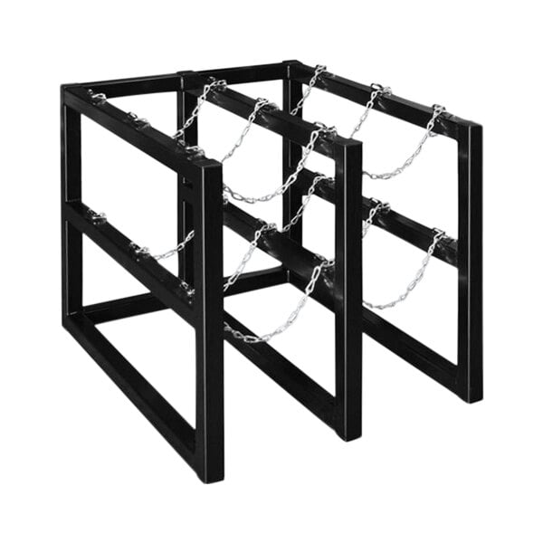 A black metal Justrite barricade rack with chains on it.