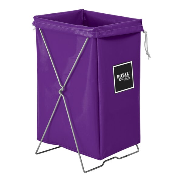 A purple laundry basket with metal handles and a black label.