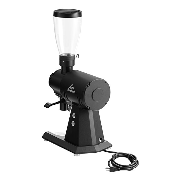 A black Mahlkonig EK43 S allround coffee grinder with a clear glass container.