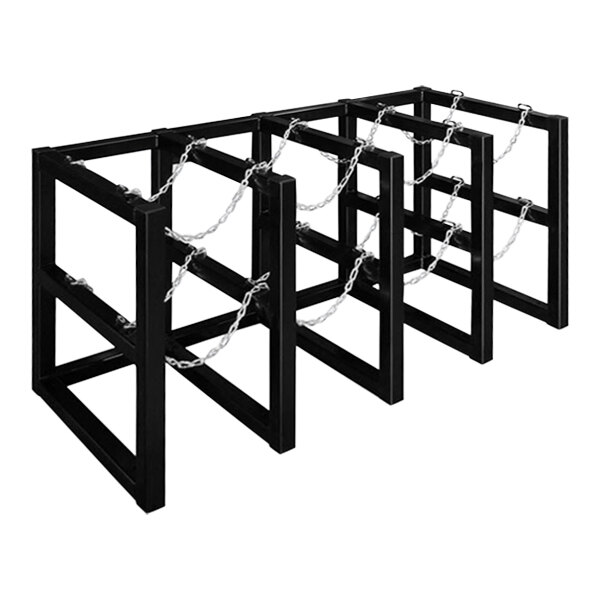 A black metal Justrite gas cylinder barricade rack with chains.