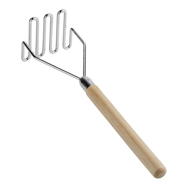 A Choice potato masher with a wood handle and metal face.