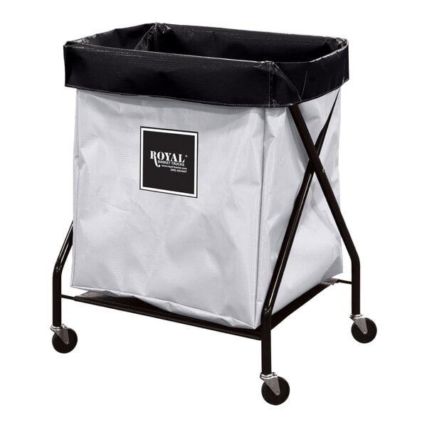 A white vinyl Royal Basket Truck laundry cart with black trim on a black metal cart with wheels.