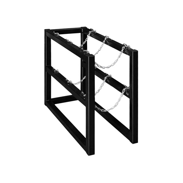 A black metal Justrite gas cylinder barricade rack with chains on it.