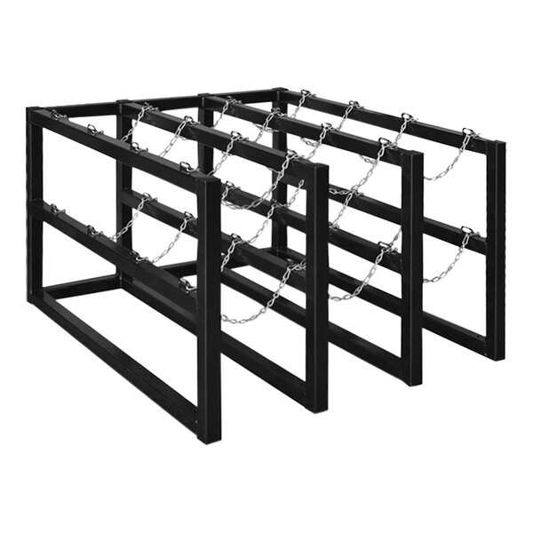 A black metal Justrite gas cylinder barricade rack with chains.