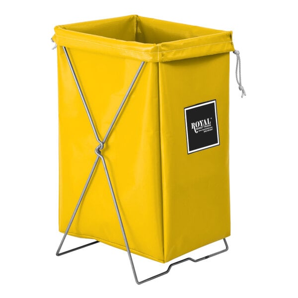 A yellow laundry basket with a black label.