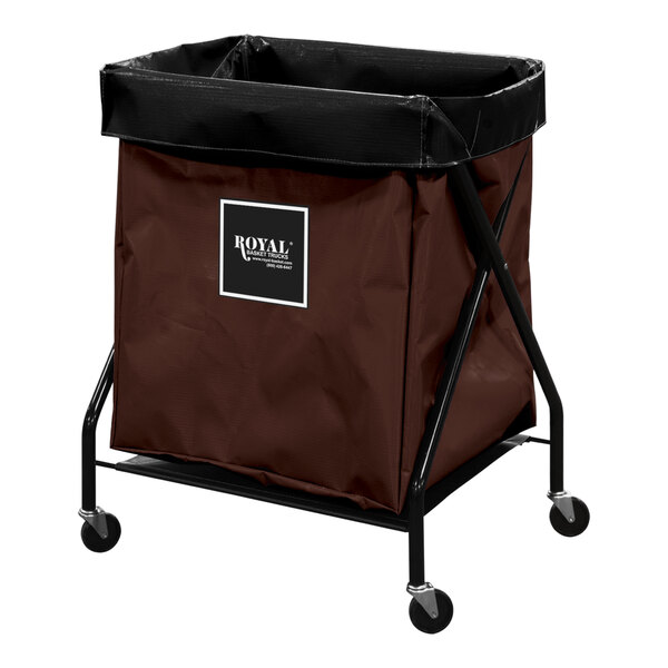 A brown Royal Basket Trucks laundry cart with black wheels.