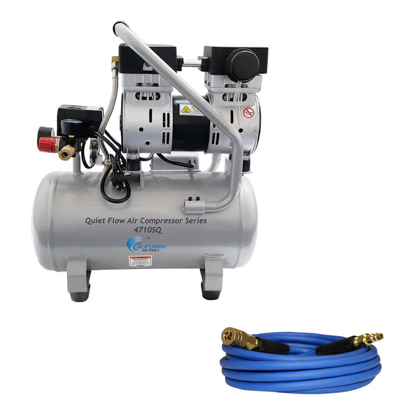 A grey and black California Air Tools air compressor with a steel tank and hose.
