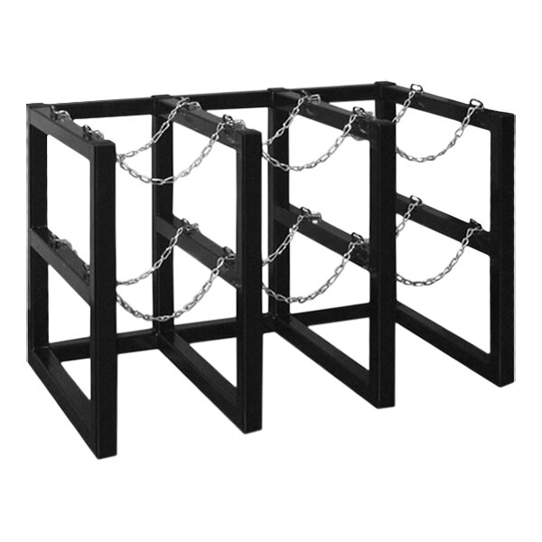 A black metal Justrite gas cylinder rack with chains.