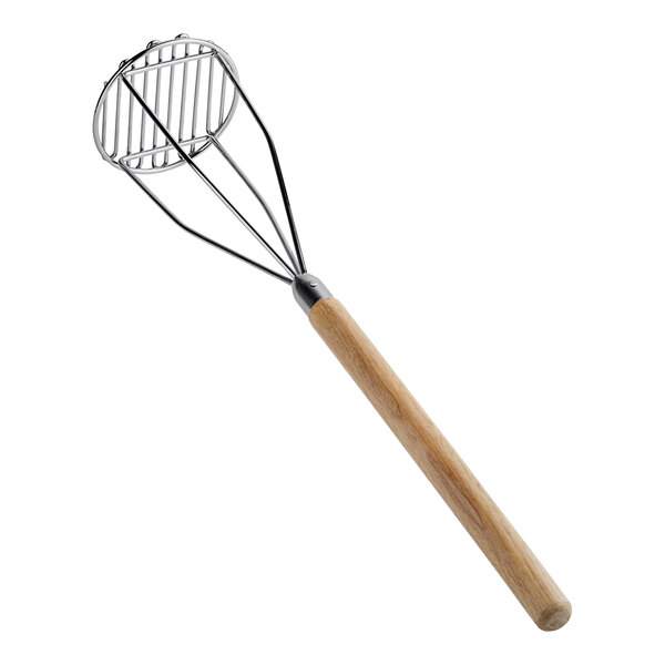 A Choice potato masher with a wood handle and chrome-plated round face.