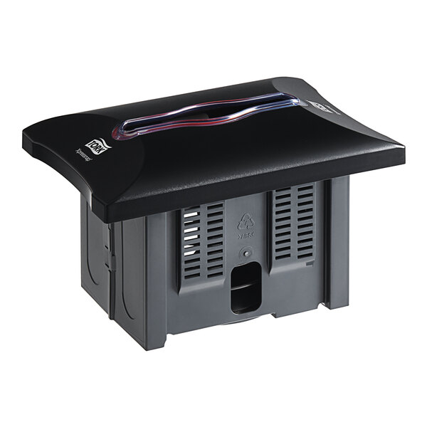 A black rectangular Tork Xpressnap Signature napkin dispenser on a table with a clear plastic lid.