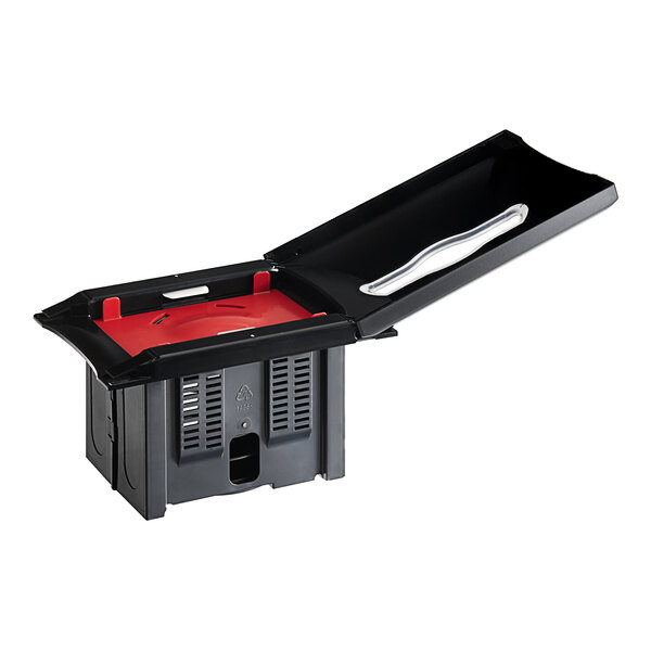 A black rectangular Tork Xpressnap Signature in-counter napkin dispenser on a counter with a red lid.