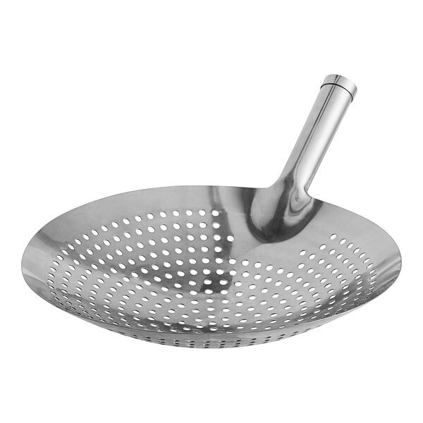 A Town stainless steel skimmer with a long handle and holes.
