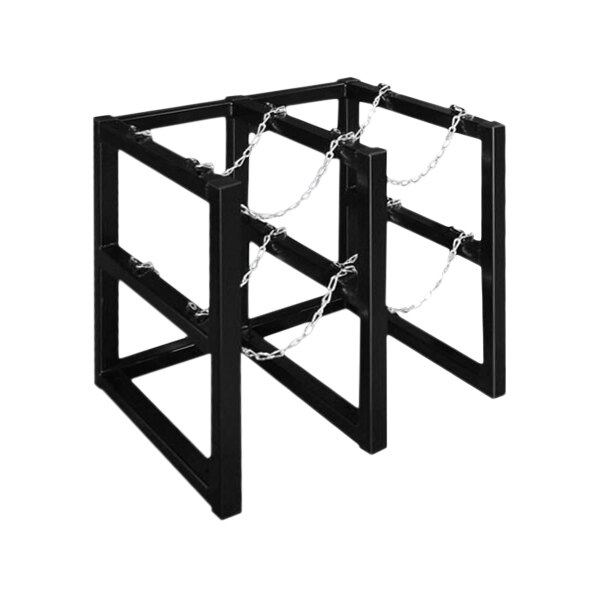 A black metal Justrite gas cylinder barricade rack with chains.