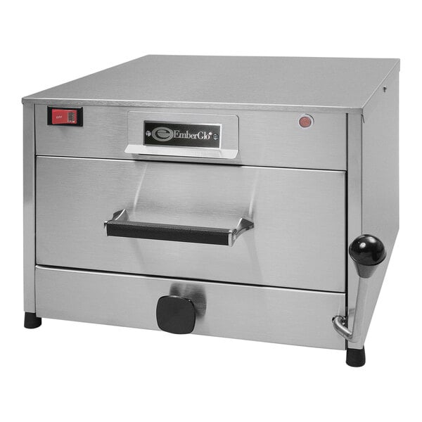 A silver rectangular stainless steel EmberGlo countertop steamer with a handle.