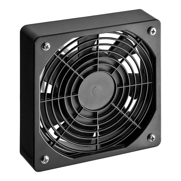 A black square fan with a circular metal fan blade inside.