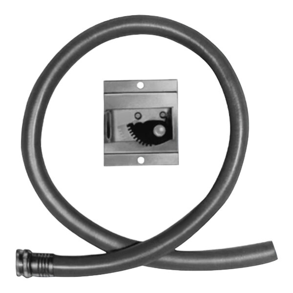 A black hose with a metal wall bracket.